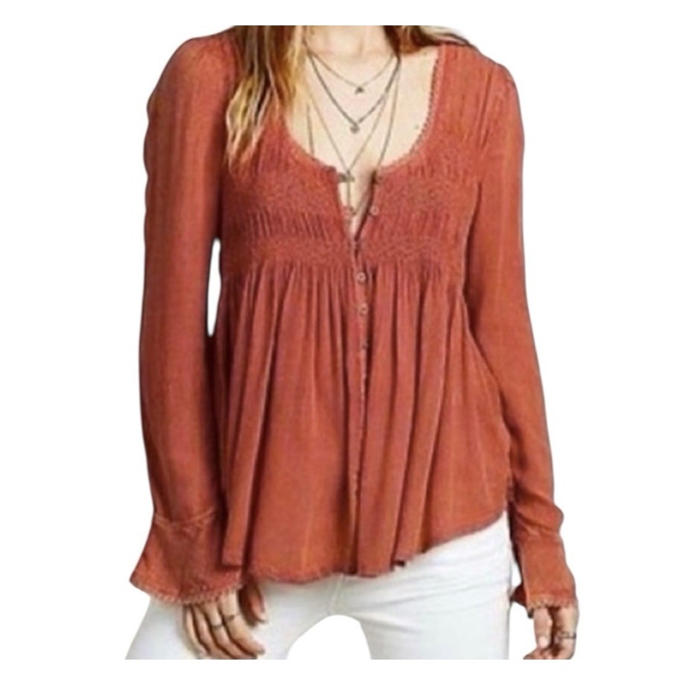 Free People Rust Smocked Button-Front Peasant Blouse